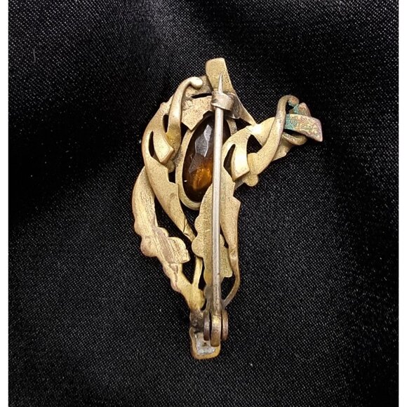 Rare Find Antique Art Nouveau Brass Brooch W/ Amber & Green Glass Gemstones - Picture 5 of 5